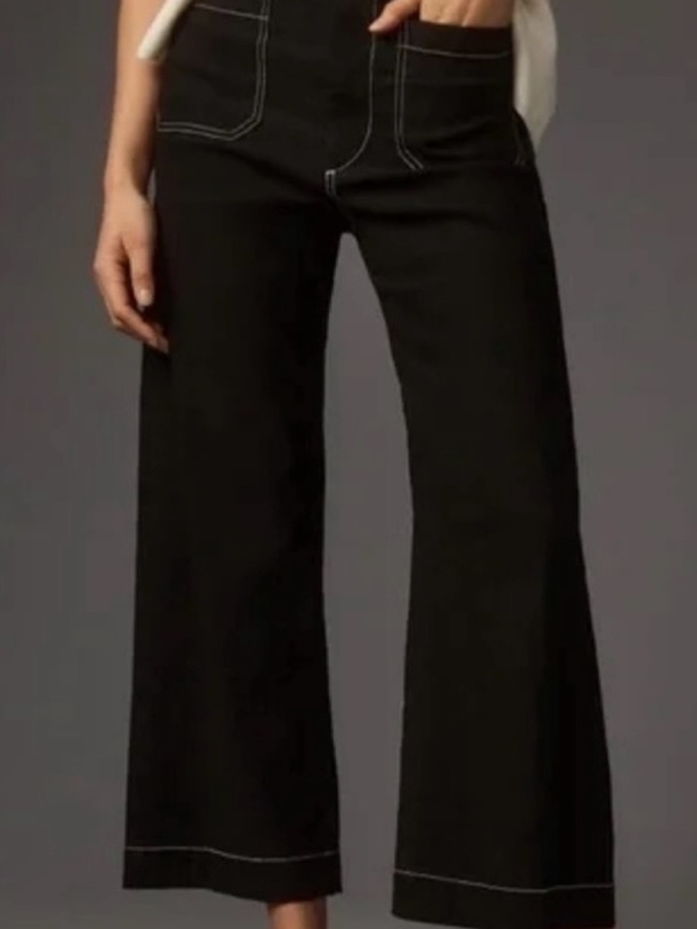 Maeve Black Wide-Leg Cropped Jeans with Contrast Stitching